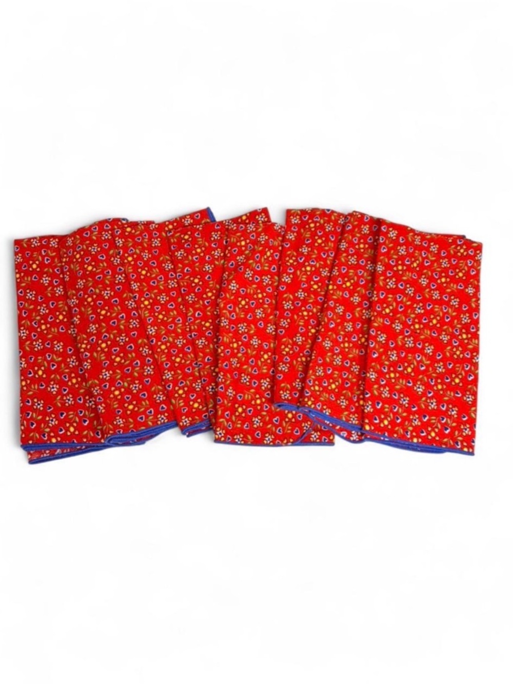 VTG Set of 8 Red Floral‎ Cloth Napkins Blue Trim Hearts Cottagecore Tomato Girl